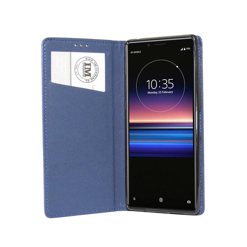 Buch Tasche "Smart" kompatibel mit SONY XPERIA 1 Handy Hülle Etui Brieftasche Schutzhülle mit Standfunktion in Blau