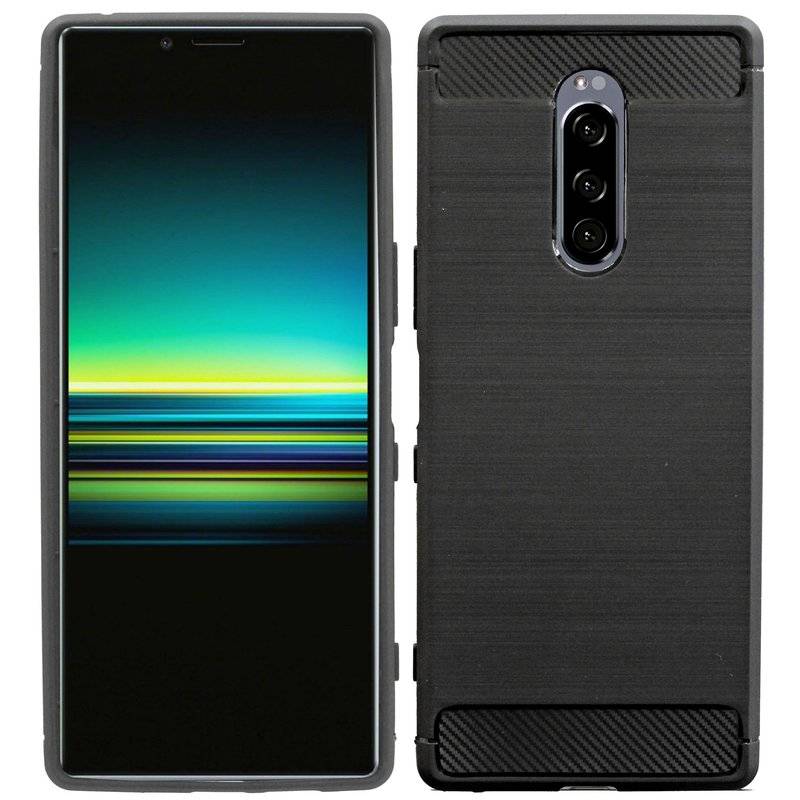 Silikon Hülle Carbon kompatibel mit SONY XPERIA 1 Case TPU Soft Handyhülle Cover Schutzhülle Schwarz