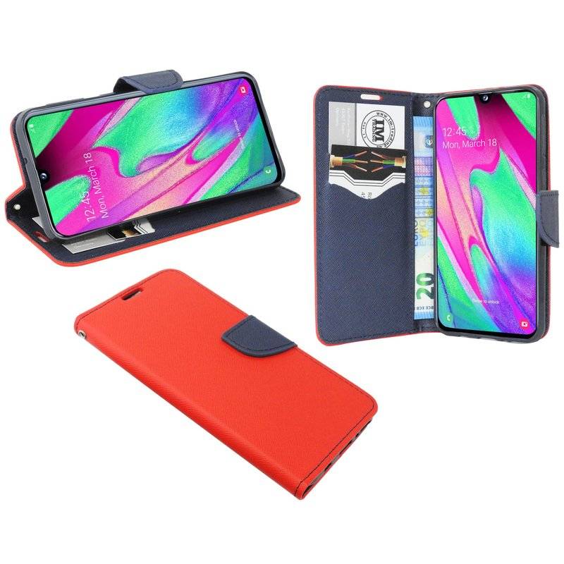 Buch Tasche "Fancy" kompatibel mit SAMSUNG GALAXY A40 (A405F) Handy Hülle Etui Schutzhülle mit Standfunktion Rot-Blau