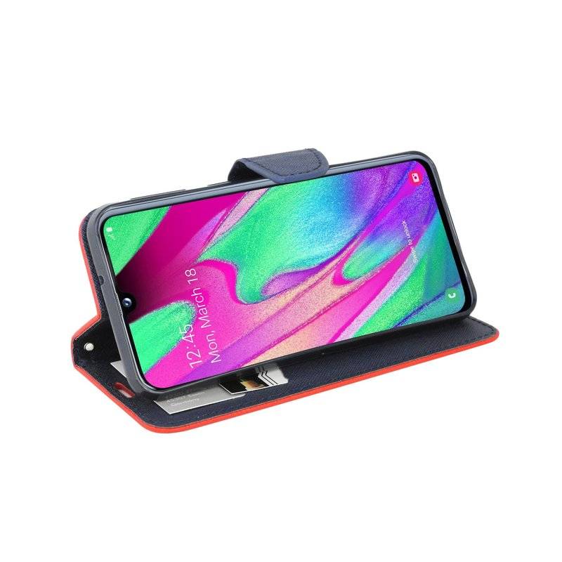 Buch Tasche "Fancy" kompatibel mit SAMSUNG GALAXY A40 (A405F) Handy Hülle Etui Schutzhülle mit Standfunktion Rot-Blau