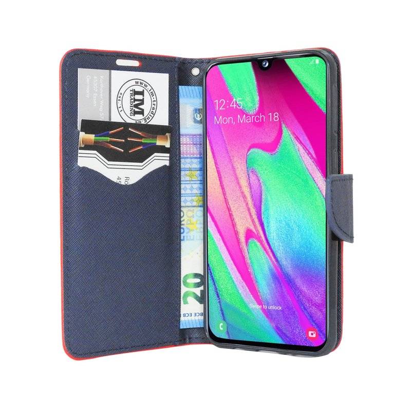 Buch Tasche "Fancy" kompatibel mit SAMSUNG GALAXY A40 (A405F) Handy Hülle Etui Schutzhülle mit Standfunktion Rot-Blau