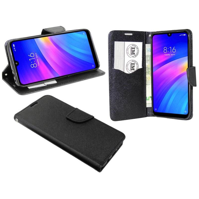 Buch Tasche "Fancy" kompatibel mit XIAOMI REDMI 7 Handy Hülle Etui Brieftasche Schutzhülle mit Standfunktion Schwarz