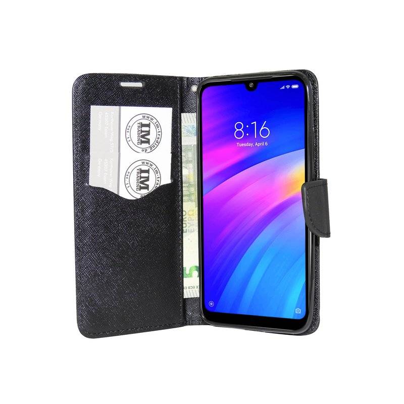Buch Tasche "Fancy" kompatibel mit XIAOMI REDMI 7 Handy Hülle Etui Brieftasche Schutzhülle mit Standfunktion Schwarz