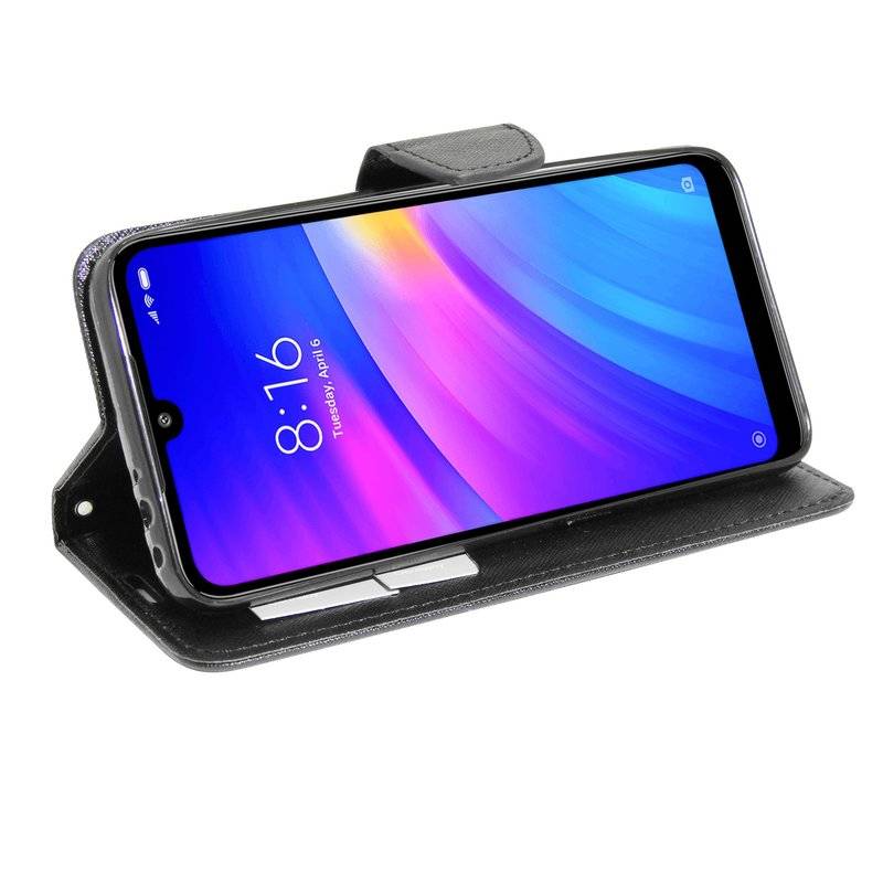 Buch Tasche "Fancy" kompatibel mit XIAOMI REDMI 7 Handy Hülle Etui Brieftasche Schutzhülle mit Standfunktion Schwarz