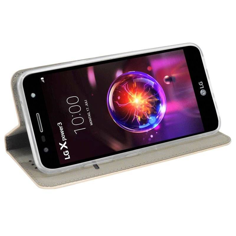 Buch Tasche "Smart" kompatibel mit LG X POWER 3 Handy Hülle Etui Brieftasche Schutzhülle mit Standfunktion in Gold