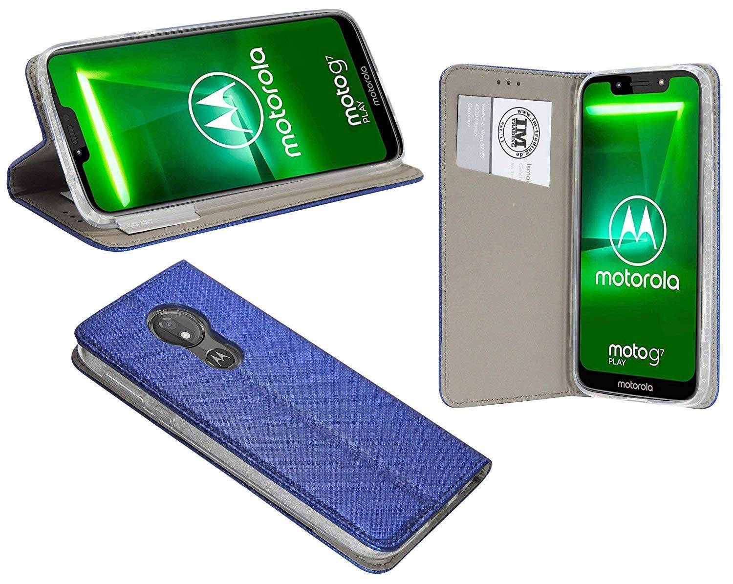 Elegante Buch-Tasche Hülle Smart Magnet für MOTOROLA MOTO G7 PLAY Leder Optik Wallet Book-Style Cover Blau