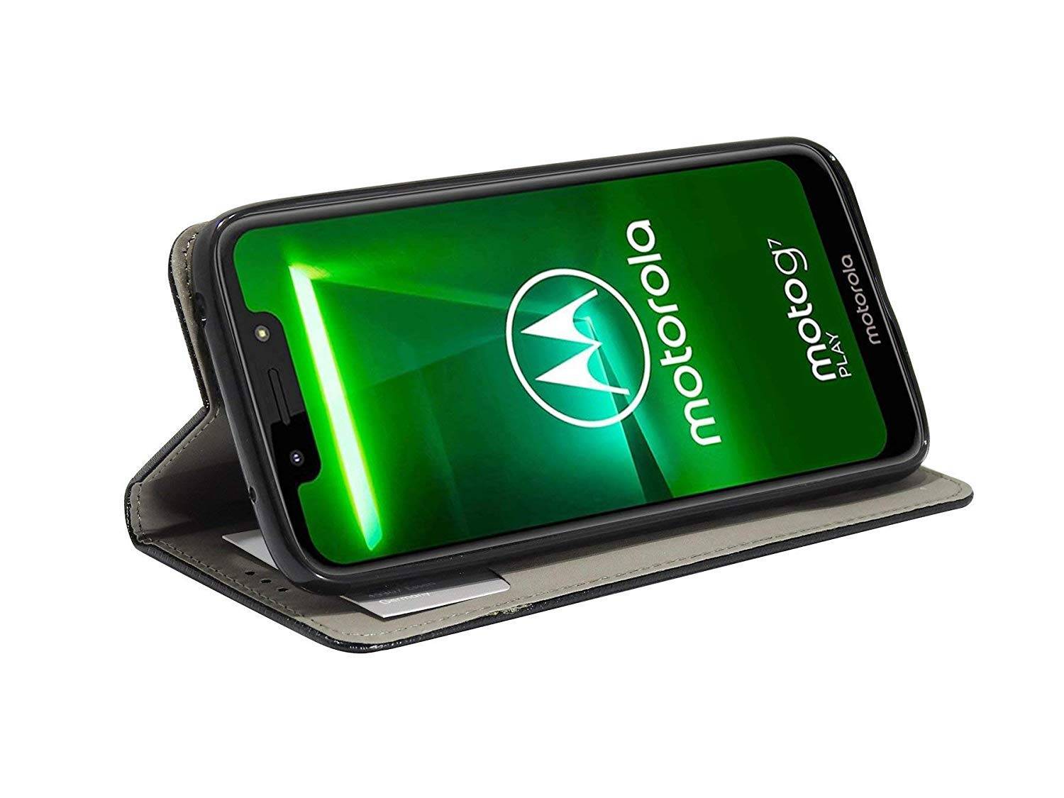 Elegante Buch-Tasche Hülle Smart Magnet für MOTOROLA MOTO G7 PLAY Leder Optik Wallet Book-Style Cover Schwarz