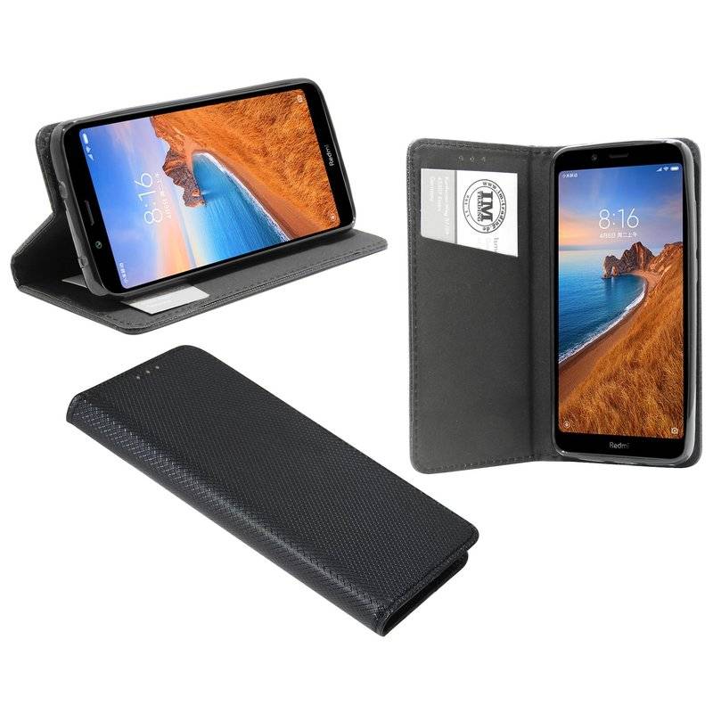 Buch Tasche "Smart" für XIAOMI REDMI 7A Handy Hülle Etui Brieftasche Schutzhülle mit Standfunktion Schwarz