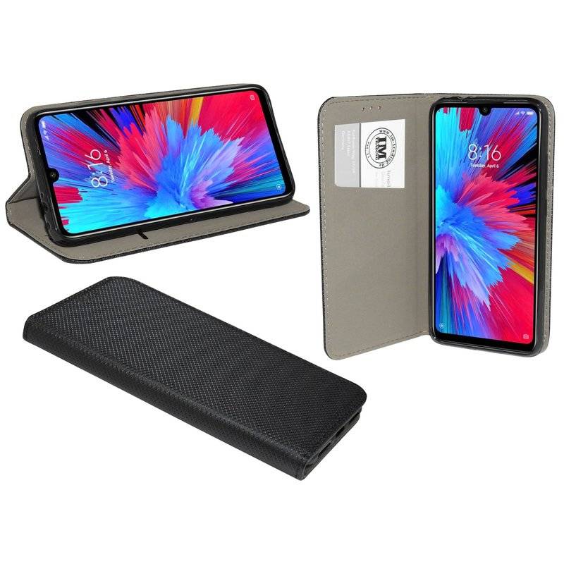 Buch Tasche "Smart" kompatibel mit XIAOMI REDMI NOTE 7 Handy Hülle Brieftasche Schutzhülle mit Standfunktion in Schwarz