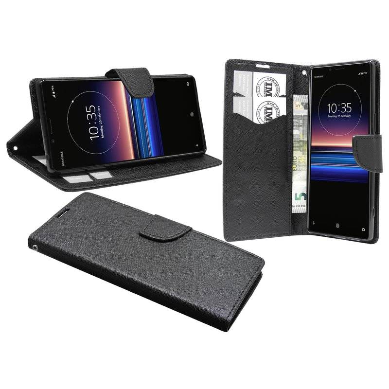Buch Tasche Fancy für Sony Xperia 1 Handy Hülle Etui Brieftasche Schutzhülle mit Standfunktion, Kartenfach Schwarz