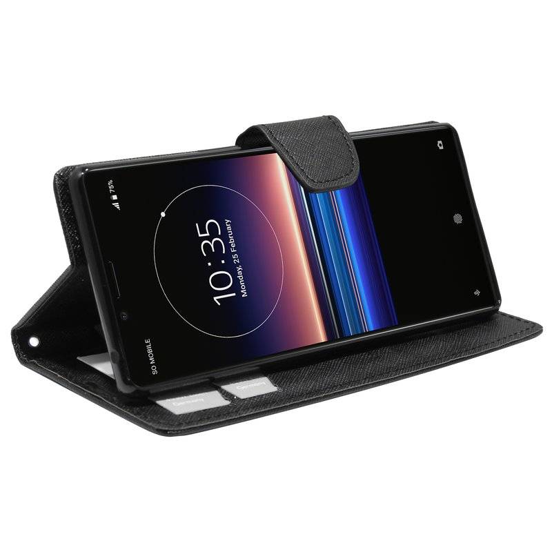 Buch Tasche Fancy für Sony Xperia 1 Handy Hülle Etui Brieftasche Schutzhülle mit Standfunktion, Kartenfach Schwarz
