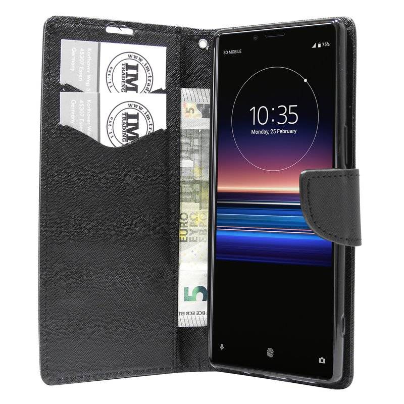 Buch Tasche Fancy für Sony Xperia 1 Handy Hülle Etui Brieftasche Schutzhülle mit Standfunktion, Kartenfach Schwarz