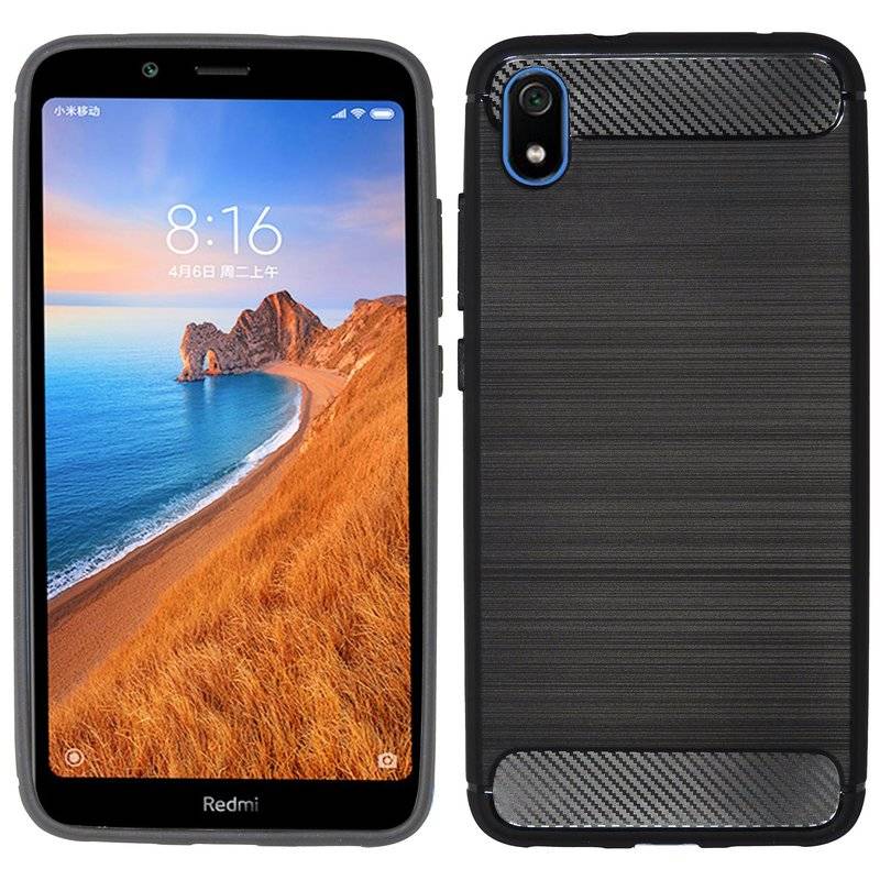 cofi1453® Silikon Hülle Carbon kompatibel mit XIAOMI REDMI 7A Case TPU Soft Handyhülle Cover Schutzhülle Schwarz