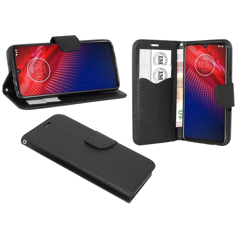 Buch Tasche "Fancy" für MOTOROLA MOTO Z4 Handy Hülle Etui Brieftasche Schutzhülle mit Standfunktion Kartenfach Schwarz