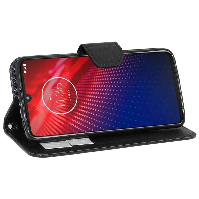 Buch Tasche "Fancy" für MOTOROLA MOTO Z4 Handy Hülle Etui Brieftasche Schutzhülle mit Standfunktion Kartenfach Schwarz