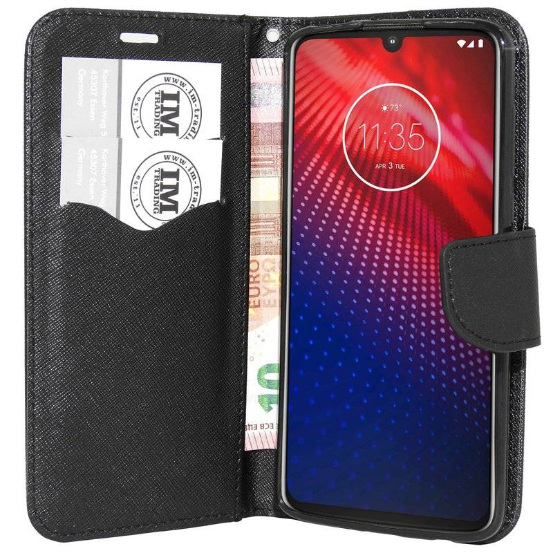 Buch Tasche "Fancy" für MOTOROLA MOTO Z4 Handy Hülle Etui Brieftasche Schutzhülle mit Standfunktion Kartenfach Schwarz