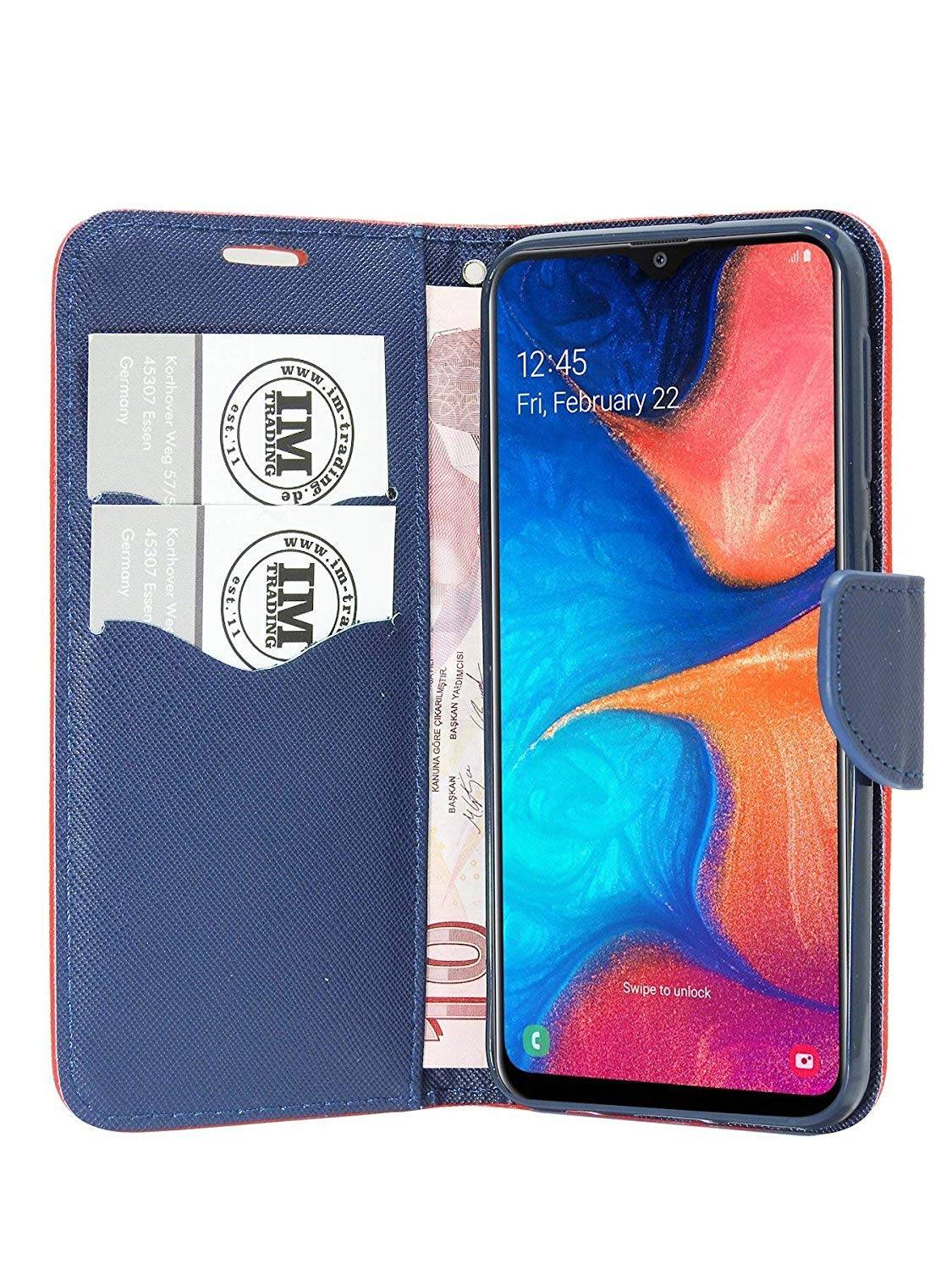 Buch Tasche "Fancy" für SAMSUNG GALAXY A20e (A202F) Handy Hülle Etui Brieftasche Schutzhülle Standfunktion Rot Blau