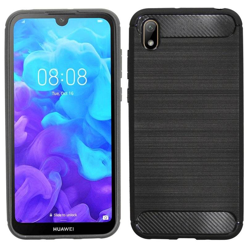 Silikon Hülle Carbon kompatibel mit HUAWEI Y5 2019 Case TPU Soft Handyhülle Cover Schutzhülle Schwarz