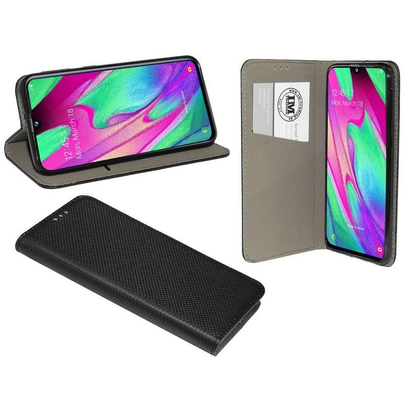 Buch Tasche "Smart" kompatibel mit SAMSUNG GALAXY A40 (A405F) Handy Hülle Etui Schutzhülle mit Standfunktion Schwarz