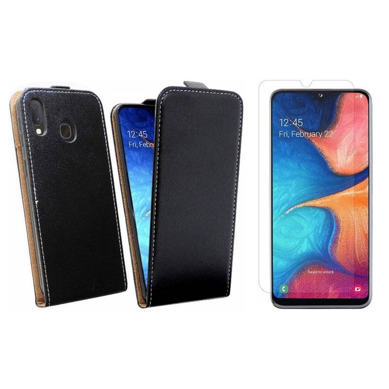 Samsung Galaxy J6 Plus Flip Case Handy Tasche vertikal Schutzhülle Klapp Hülle + 9H Schutzglas Echt Glas Schwarz