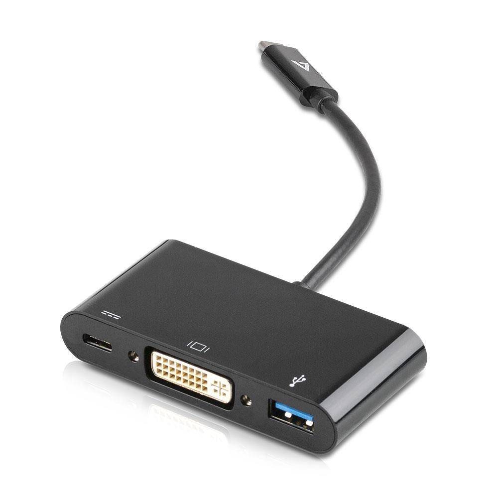 V7 USB-C Hub/Adapter P/N: V7UCDVI-HUB-BLK, 1x USB 3.0, 1x DVI-D, 1x USB-C (Ladefunktion)