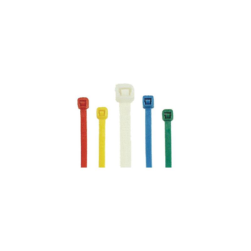 Fünf bunte Kabelbinder, jeder in einer anderen Farbe: rot, gelb, weiß, blau und grün, vertikal vor einem einfarbigen Hintergrund ausgerichtet.