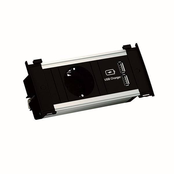 Eine schwarze, einziehbare Schreibtischsteckdose mit zwei USB-Ladeanschlüssen und einer Standard-Steckdose, die für bequemes Aufladen am Schreibtisch konzipiert ist.