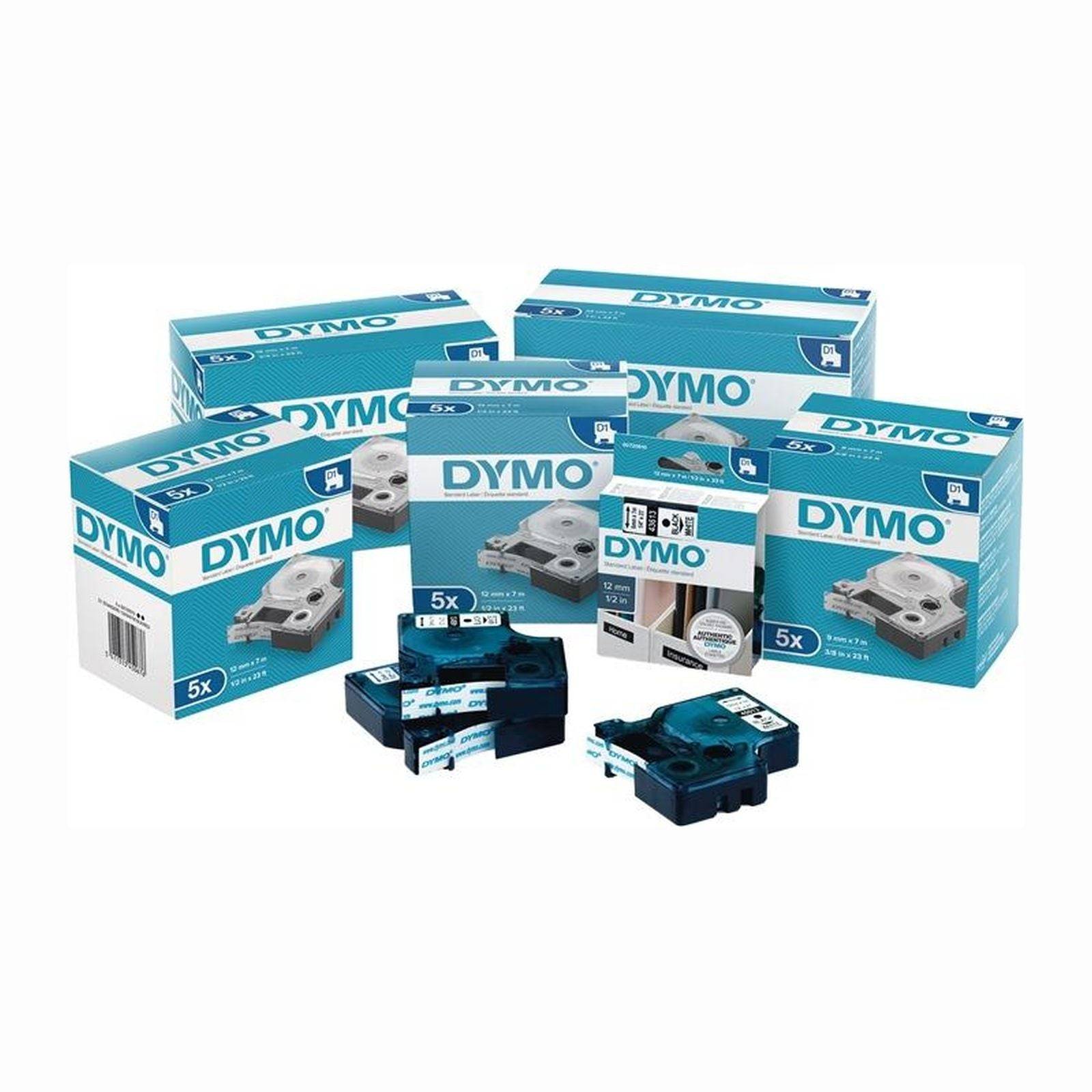 DYMO-Etikettenband-Kartuschen werden angezeigt, wobei Verpackung und mehrere Kartuschen zu sehen sind.