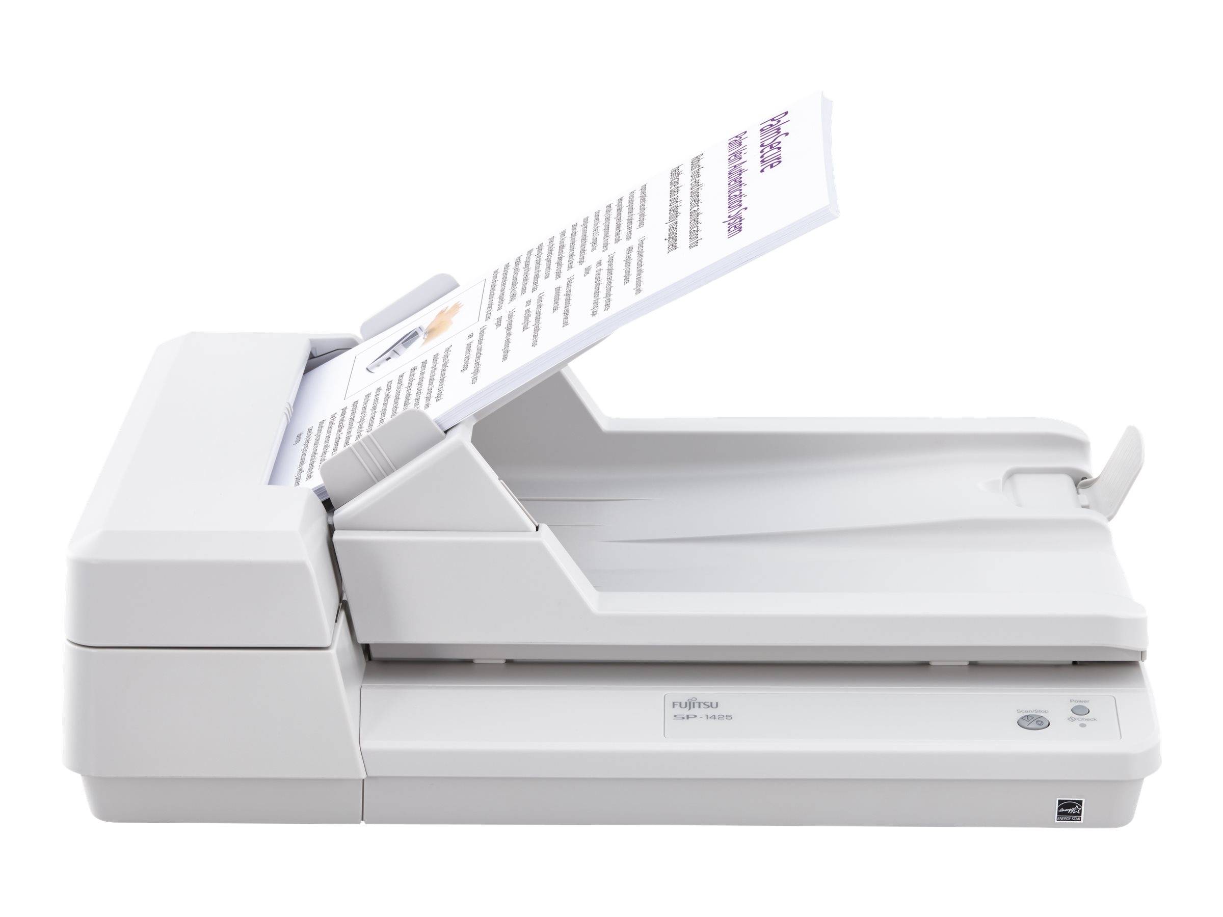 Dokumentenscanner, der ein Blatt durch einen automatischen Einzug auf einem weißen Flachbettscanner führt
