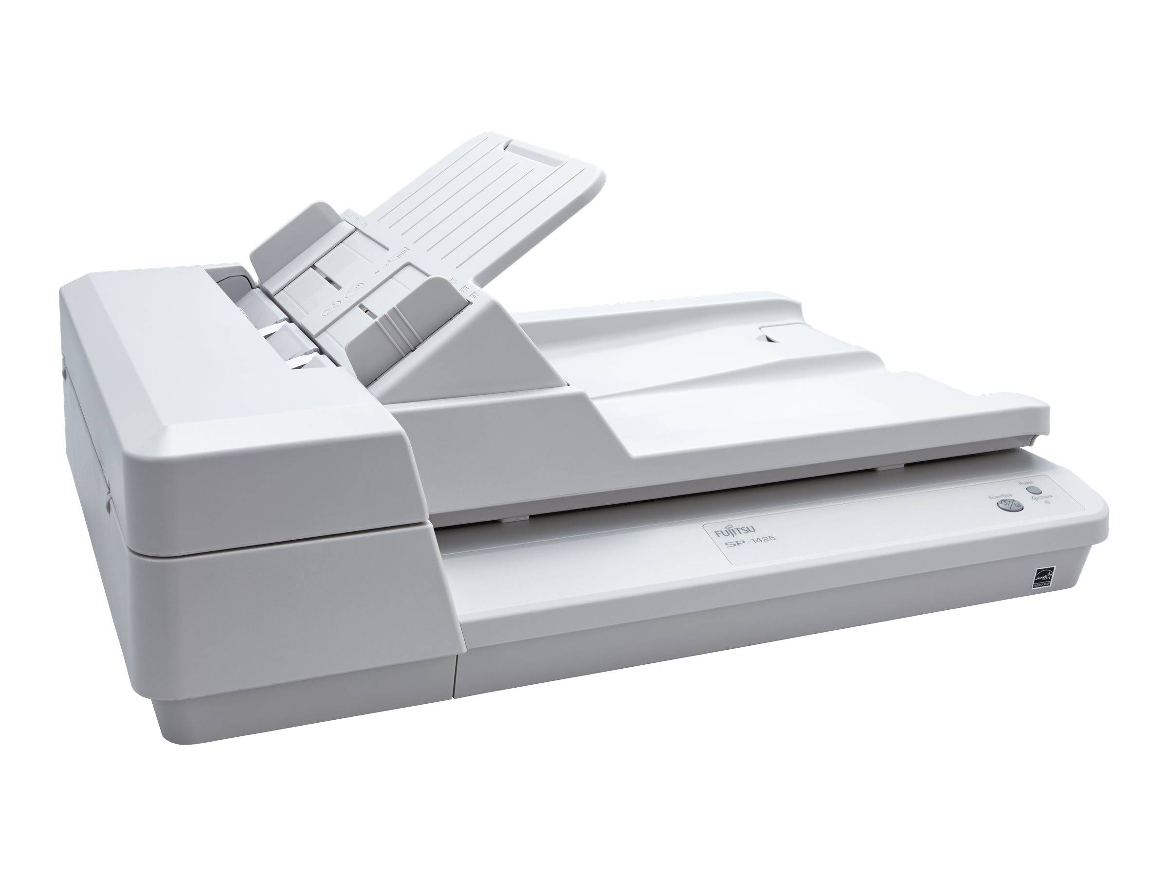 Desktop-Dokumentenscanner mit automatischem Einzug und Flachbettscannerfläche, dargestellt in Weiß auf einfachem Hintergrund.