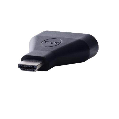Schwarzer Dell-Adapter/Dongle mit einem HDMI-ähnlichen weiblichen Anschluss und Dell-Logo, gezeigt auf weißem Hintergrund.