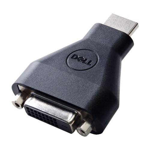 Dell-Videoadapter mit HDMI-Stecker und DVI-Buchse auf weißem Hintergrund