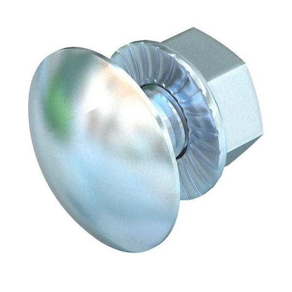 Eine glänzende, metallische Befestigungsvorrichtung mit einem flachen, breiten Kopf, die entwickelt wurde, um in eine Oberfläche eingesetzt zu werden und Materialien sicher zusammenzuhalten.