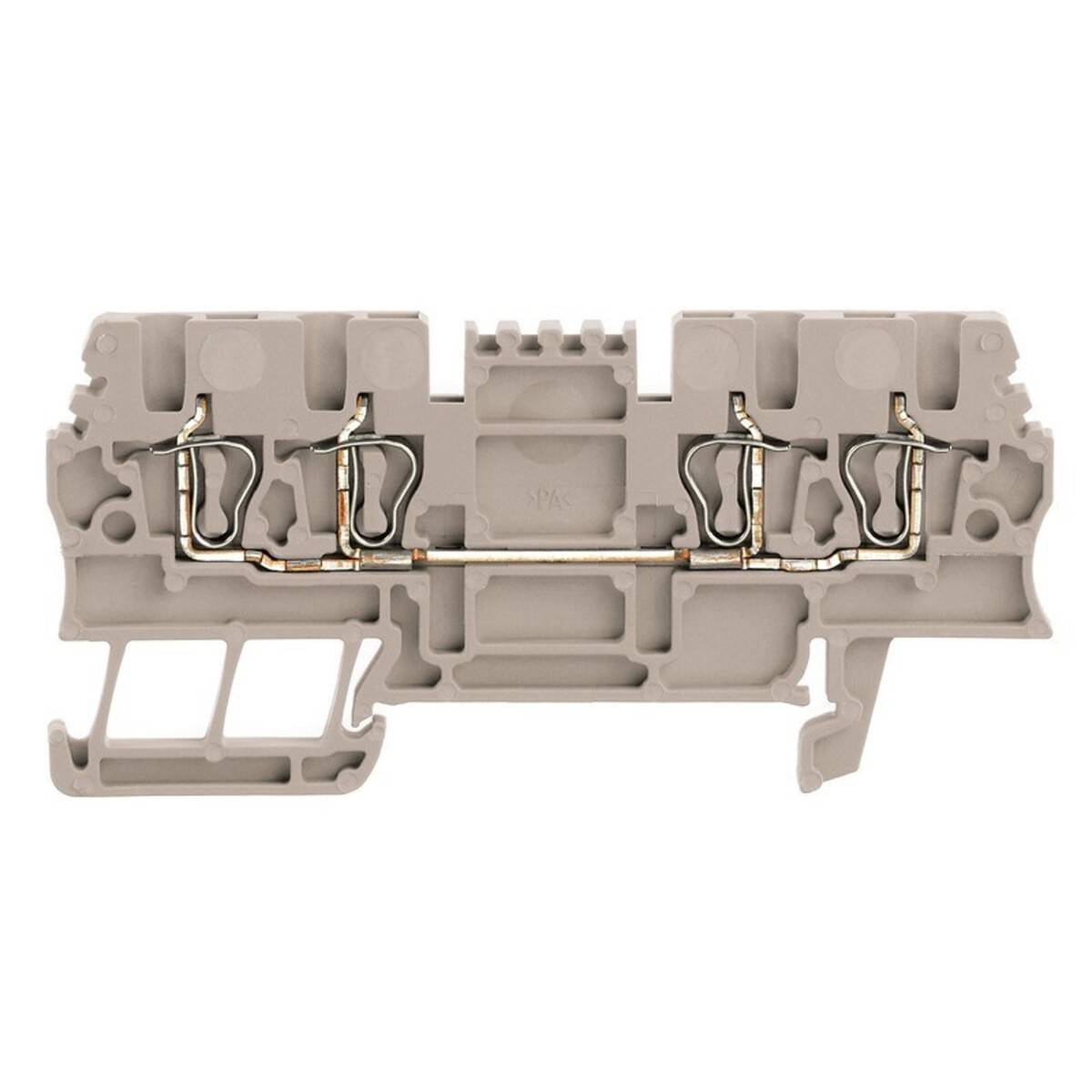 Ein beiger, modularer Elektro-Anschlussblock mit Metallverbindern und Verdrahtungswegen, verwendet zum Befestigen und Verbinden von elektrischen Leitungen.