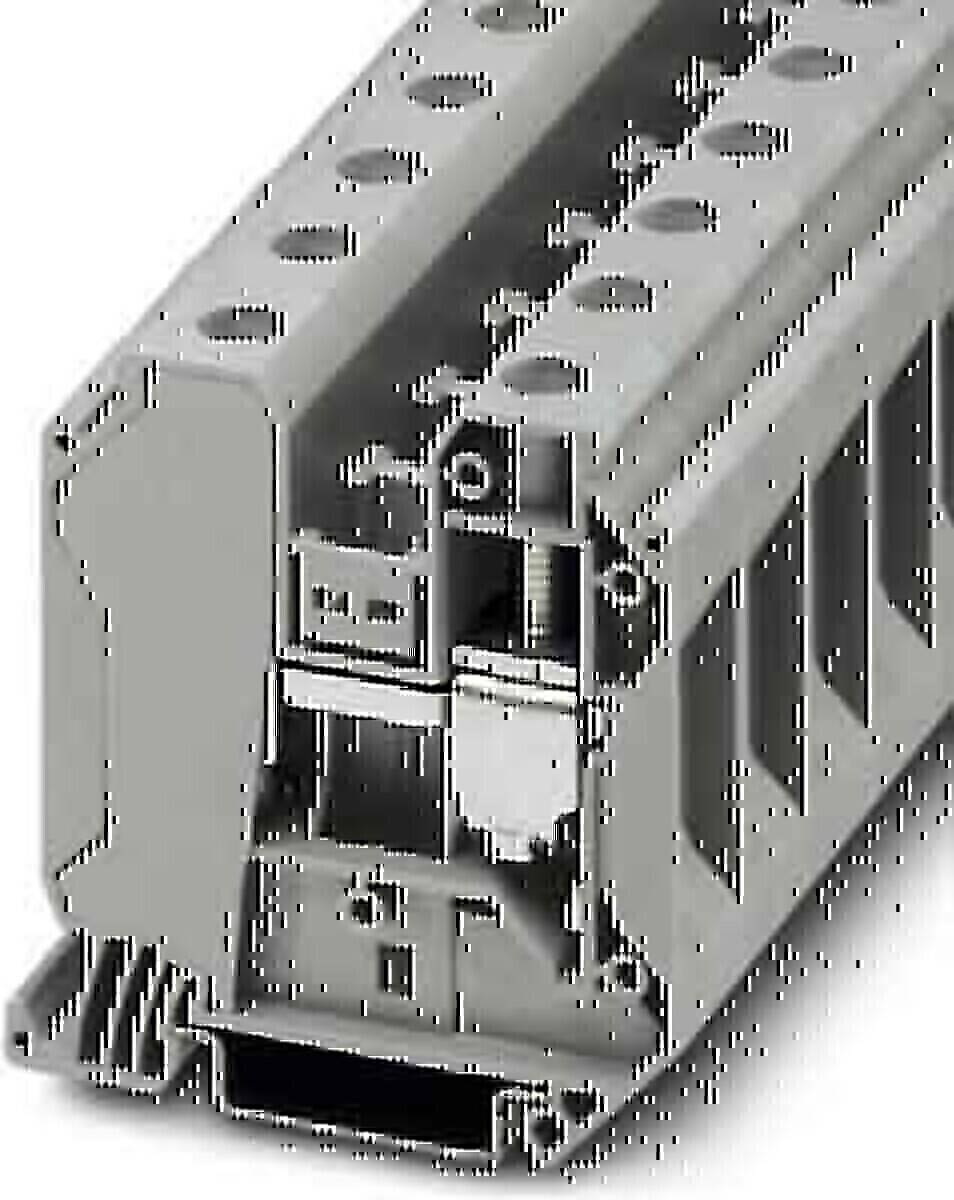 Industrieller Elektrosteckverbinder-Klemmenblock mit Schraub- und Klemmkontakten, dargestellt in Nahaufnahme.