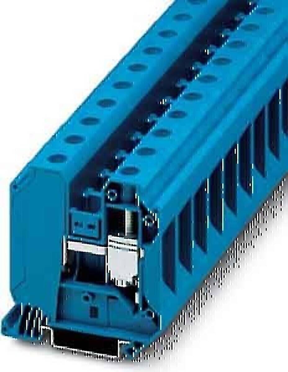 Blauer Elektroklemmenblock mit mehreren Drahteinführungslöchern und einer Metallklemme, in Nahaufnahme auf weißem Hintergrund dargestellt.