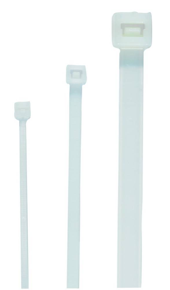 Drei weiße Kabelbinder unterschiedlicher Länge, vertikal ausgerichtet, mit sichtbarem Verschlussmechanismus an der Oberseite.