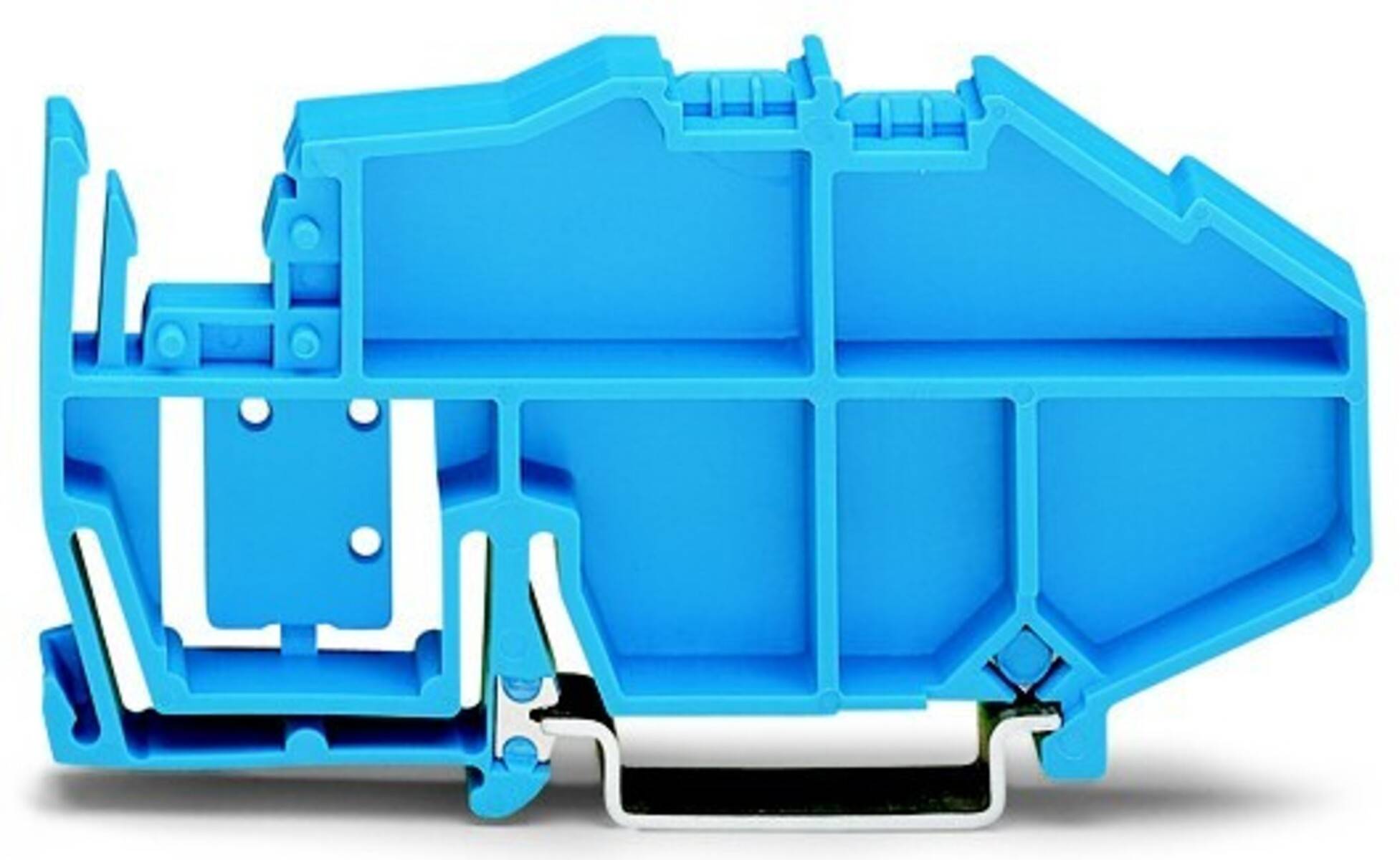Kunststoffgehäuse in Blau im Querschnitt, mit Darstellung der internen Kammern und Befestigungspunkte.