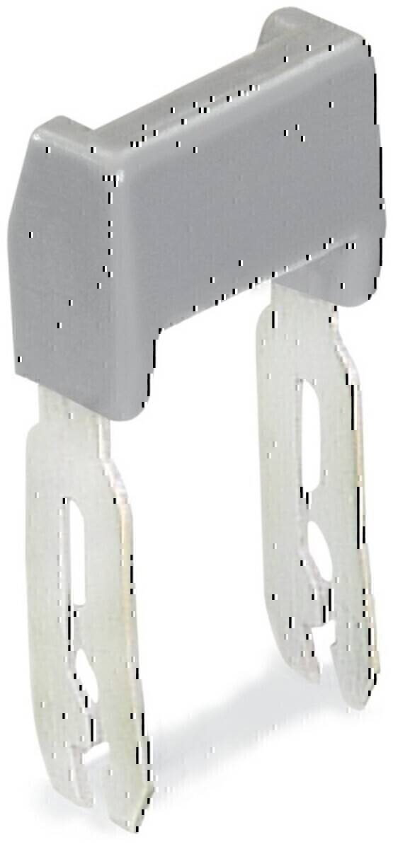 Ein Metallklemmenblock mit einem grauen Deckel und zwei metallischen Anschlüssen, der üblicherweise für elektrische Verbindungen in Geräten oder Schaltkreisen verwendet wird.