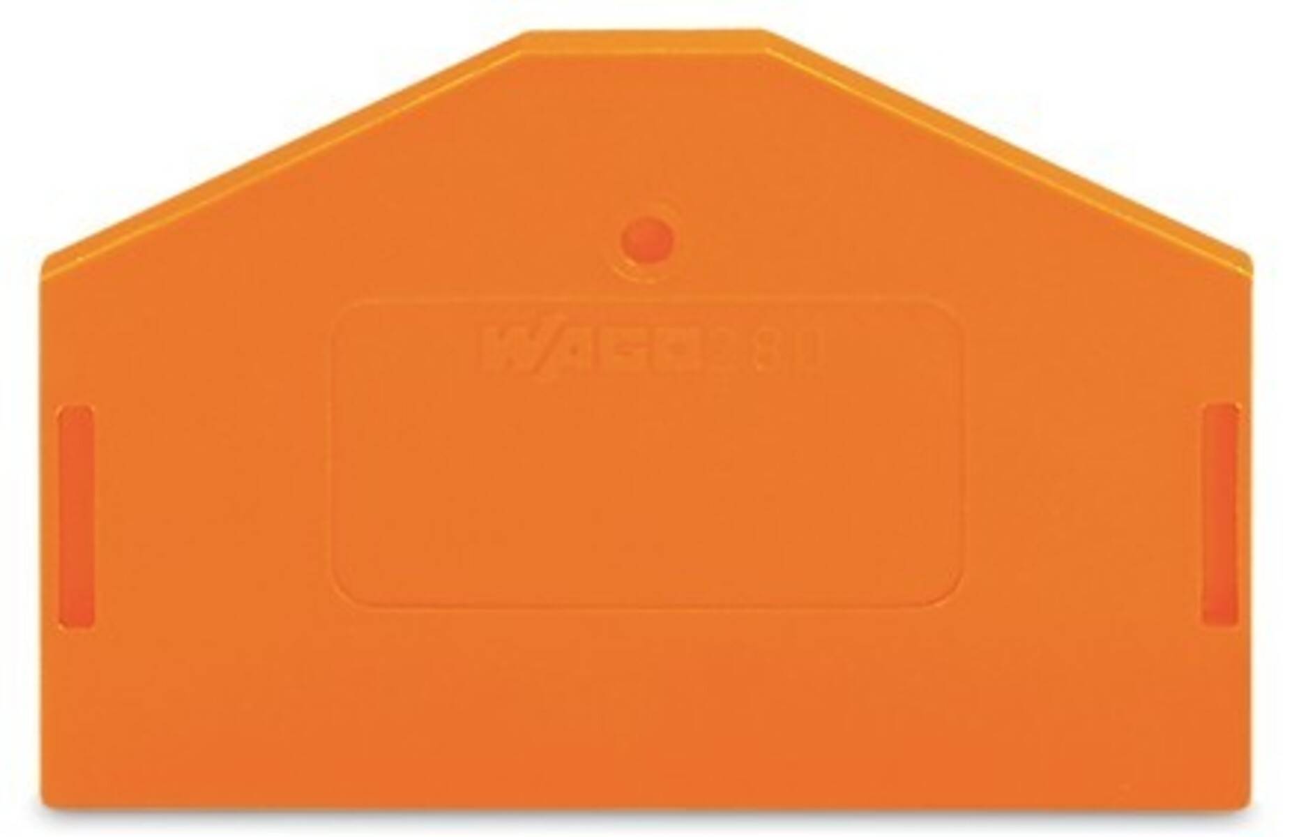 Eine orange Etikette oder Markierung mit einem kleinen Loch oben, versehen mit einem geprägten 'WAGO' Logo und der Nummer '281'.