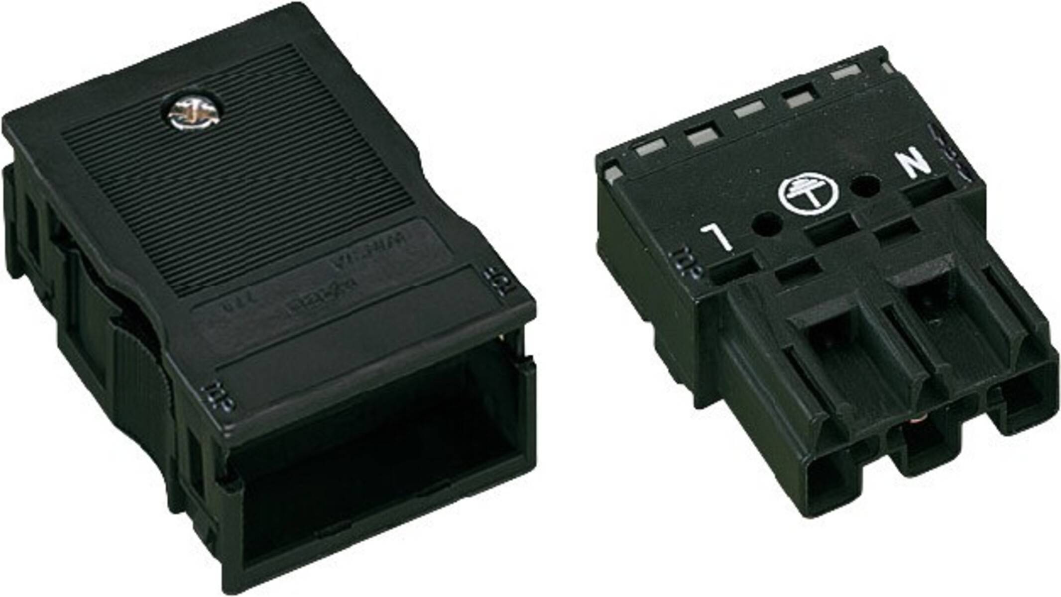 Schwarze elektrische Wippschalter-Komponente aus zwei Blickwinkeln dargestellt, mit sichtbaren Anschlussklemmen auf der Rückseite.