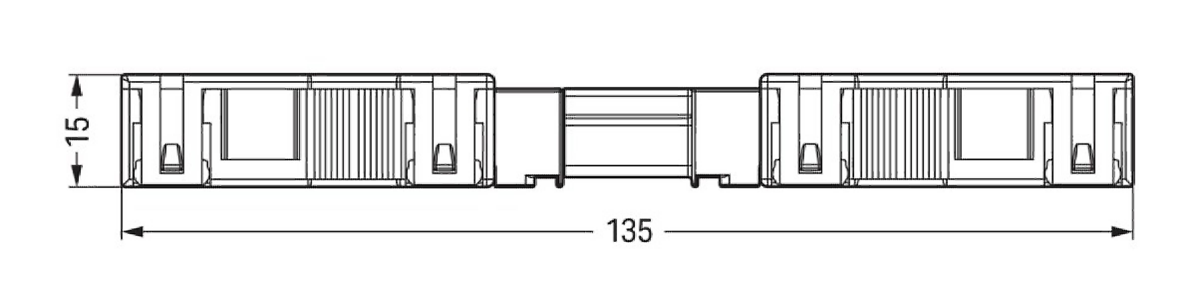 Technische Seitenansichtszeichnung einer modularen Containerstruktur, die Gesamtlänge 135 und Höhe 15 mit Bemaßungspfeilen zeigt.