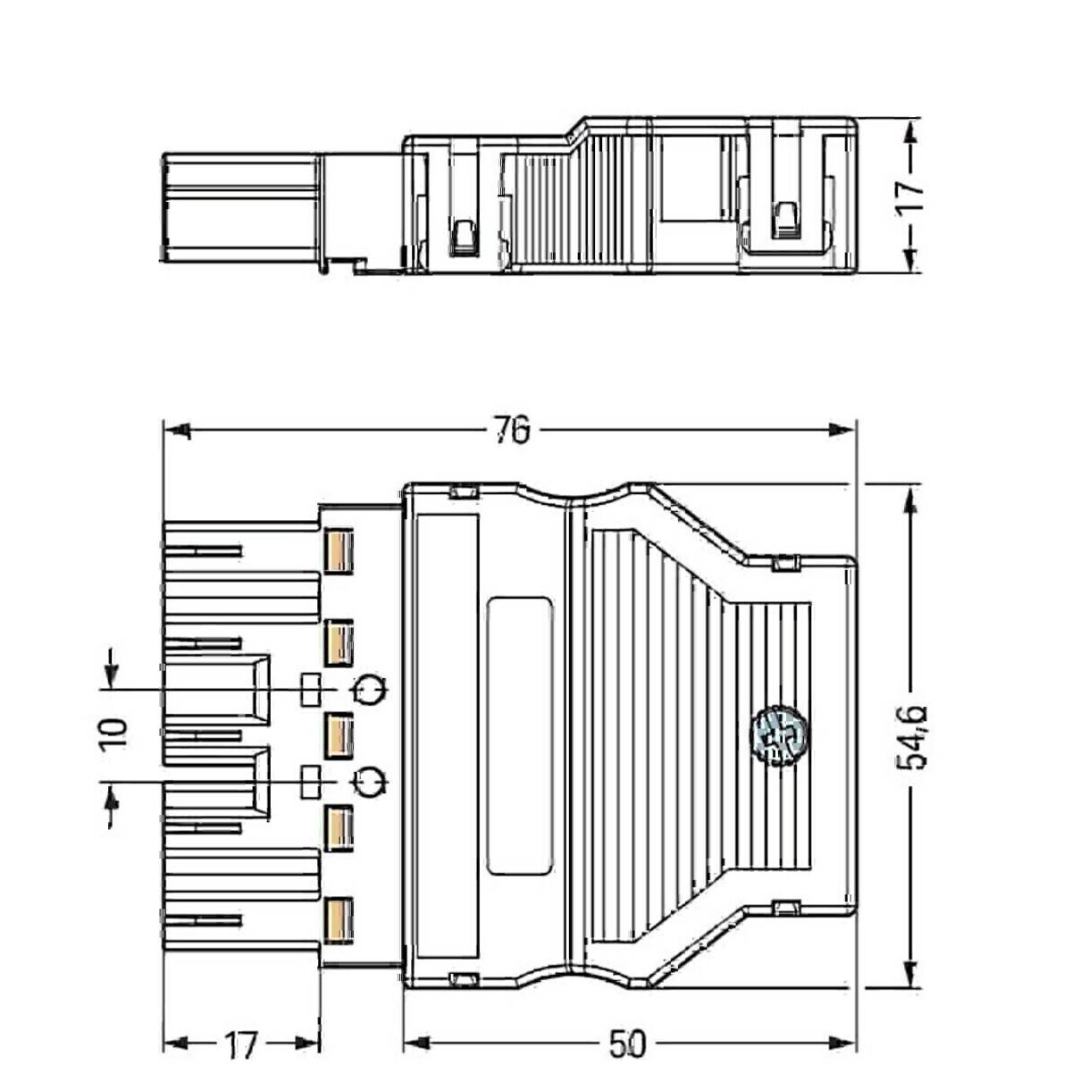 Technische Zeichnung eines elektrischen Steckers mit Seiten- und Draufsicht mit Abmessungen: 76 mm lang, 54,6 mm breit, 17 mm hoch und 10 mm/17 mm Kontaktabstand.