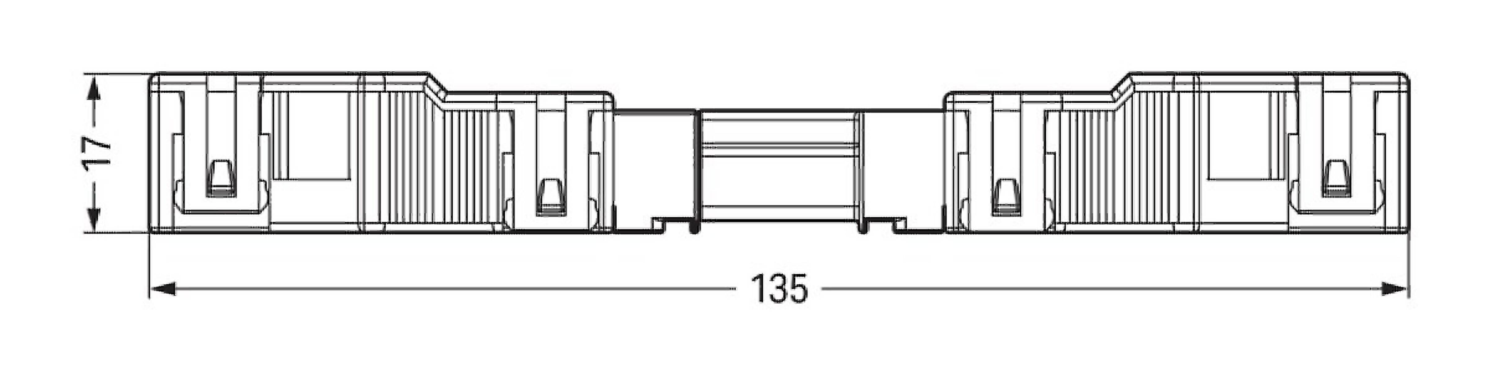 Seitenansicht einer technischen Zeichnung einer modularen, containerähnlichen Struktur mit einer Gesamtlänge von 135 und einer Höhe von 17 mit segmentierten Abschnitten und Türen.