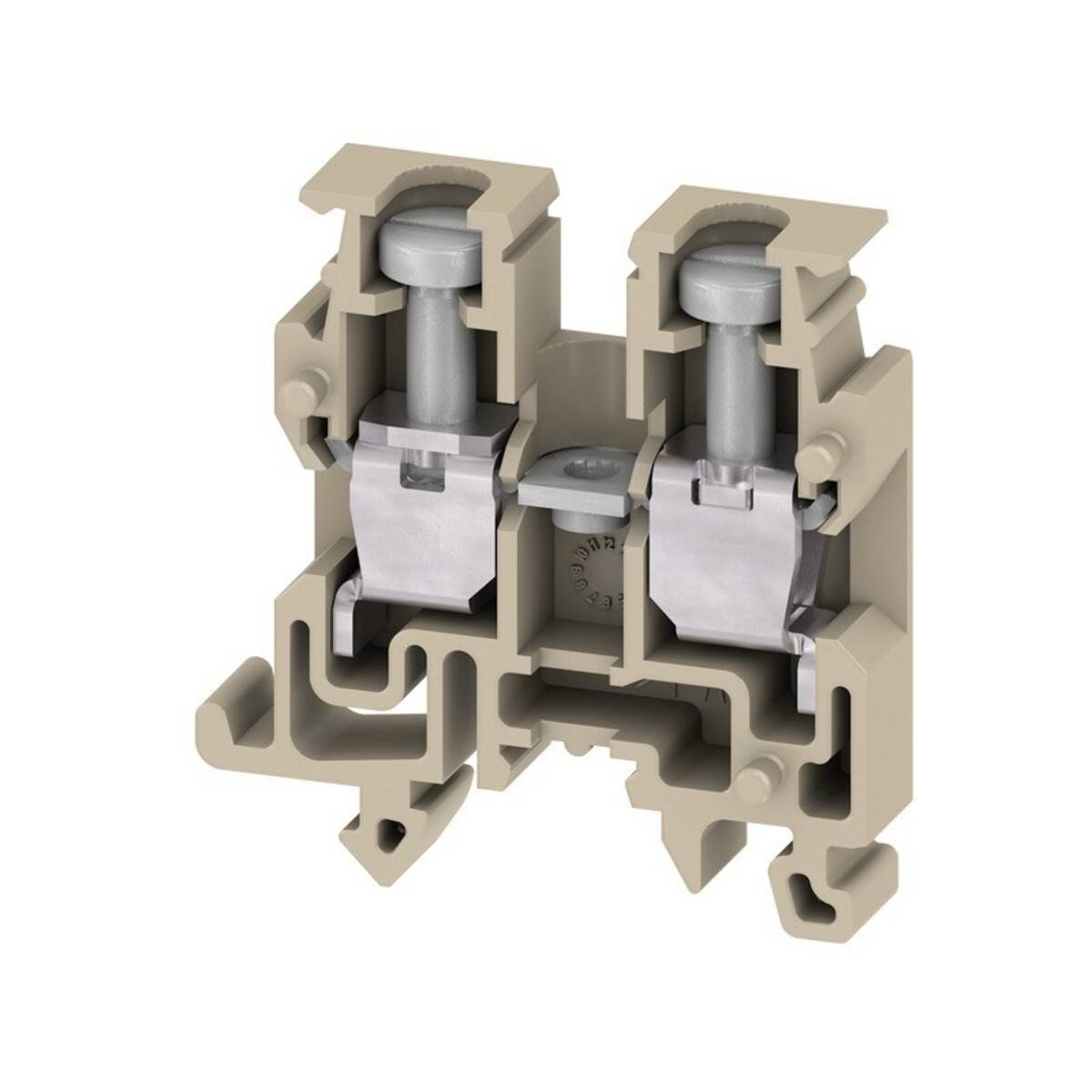 Querschnitt eines beigen Elektroklemmenblocks mit zwei inneren Metallfedern-Klemmverbindern, die durch eine zentrale Brücke verbunden sind.