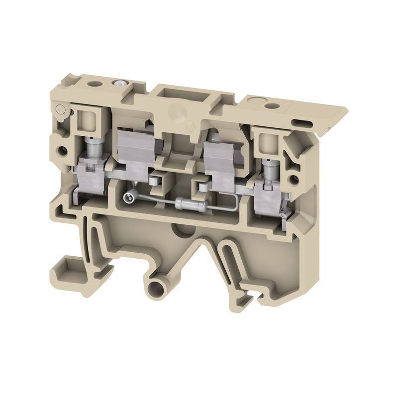 Beiger Elektro-Anschlussblock mit Metallkomponenten und Schraubenbefestigungen, konzipiert zum Verbinden und Sichern von elektrischen Kabeln.