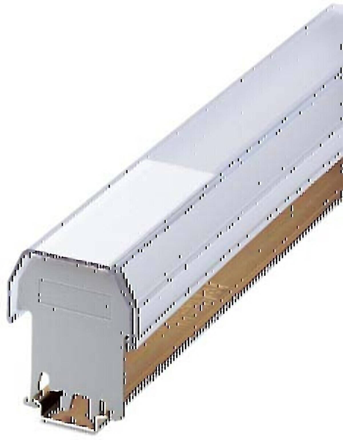 Industrielle Metall-Linearleuchte mit weißer durchscheinender Abdeckung und Befestigungsmaterial, auf neutralem Hintergrund abgebildet.
