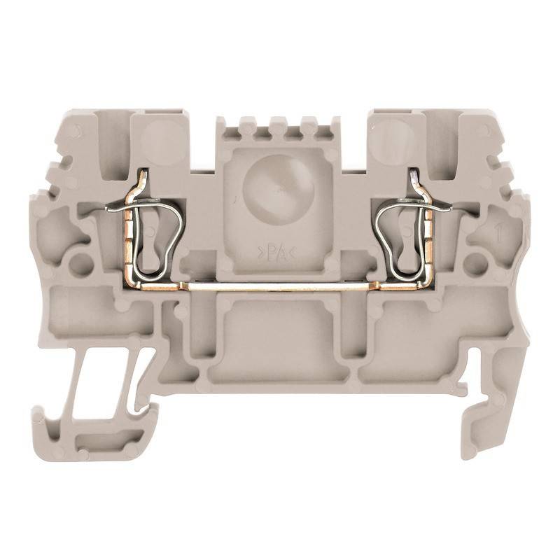 Ein grauer Elektro-Anschlussblock mit zwei Metallverbindungen, der zur Befestigung und Organisation von elektrischen Leitungen in Schaltkreisen verwendet wird.