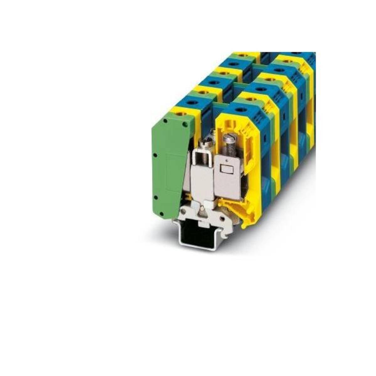 Schnittansicht eines modularen Elektroklemmenblocks mit grünen, gelben und blauen Abschnitten, die interne Metallkontakte und einen Federklemmmechanismus zeigen.