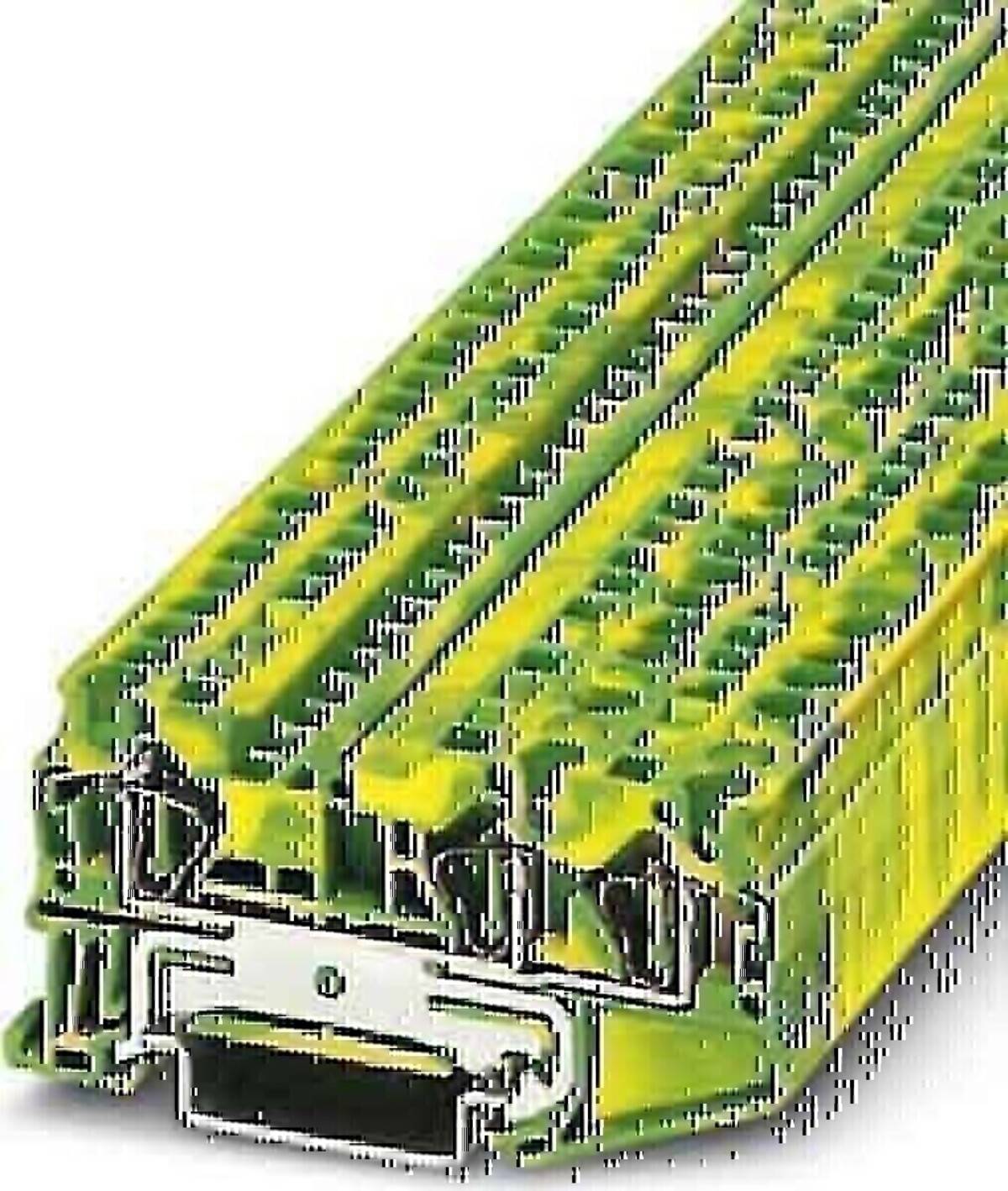 Nahaufnahme eines grünen modularen Electrical-Terminal-Blocks mit einem Metallfront-Anschluss und mehreren Drahtkanälen oben.